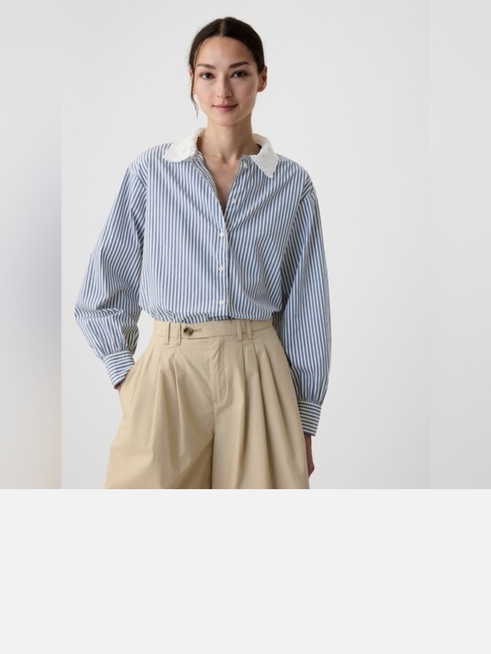 Blue Stripe Button-Down Shirt with Contrast Collar - Women